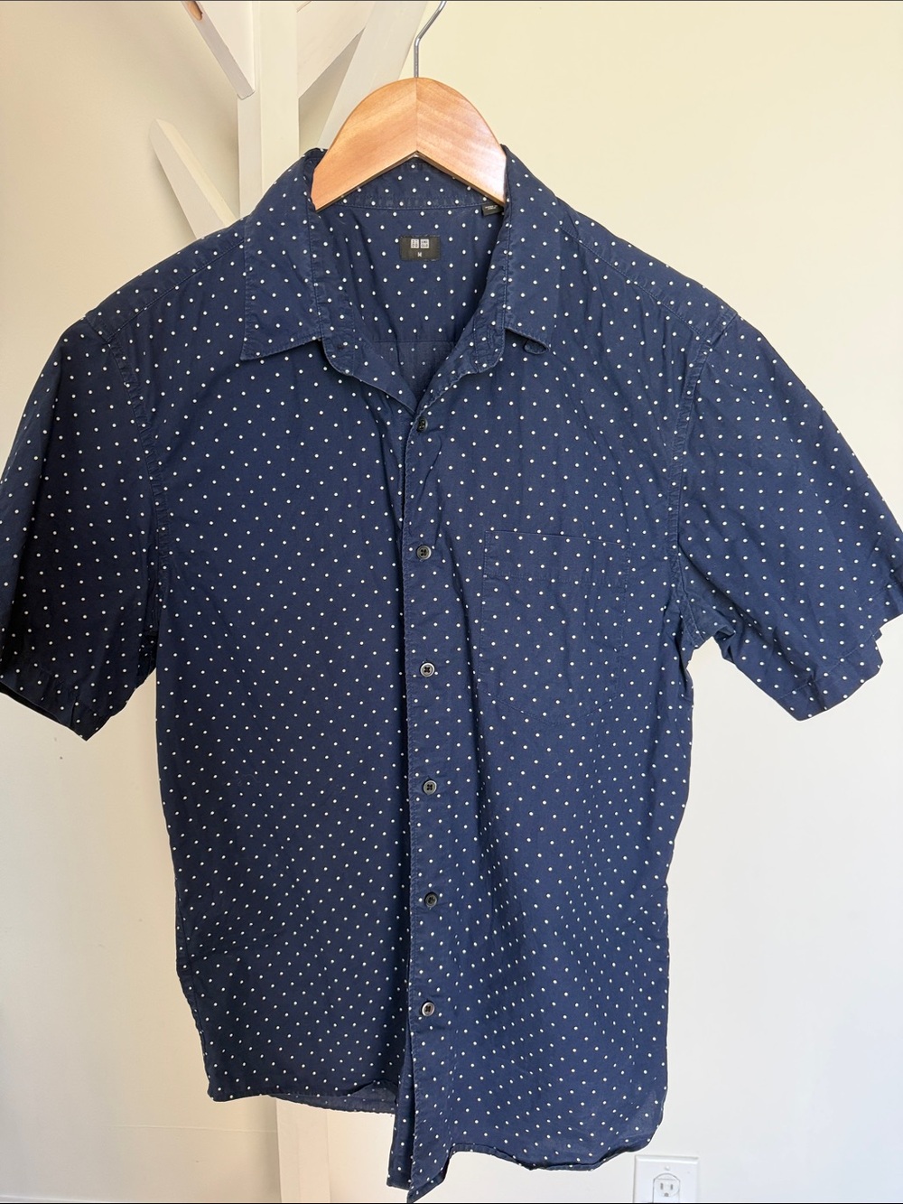 Uniqlo Navy Blue Short-Sleeve Button-Down with Small White Dot Print